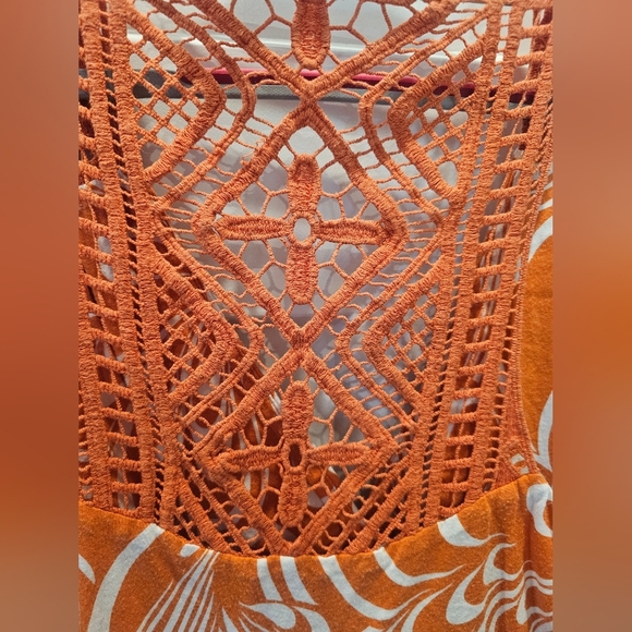 ELLE Orange White Print Sleeveless Dress Large Crochet Racerback - Picture 5 of 10